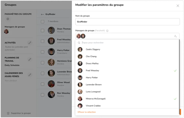 Sélectionner des managers de groupe